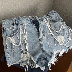 Light Blue Denim Jean Shorts with Pearl & Rhinestone Draped Detail